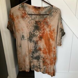 Tparty Boho Tie-Dye Crochet V-Neck Tunic in Orange and Gray Small